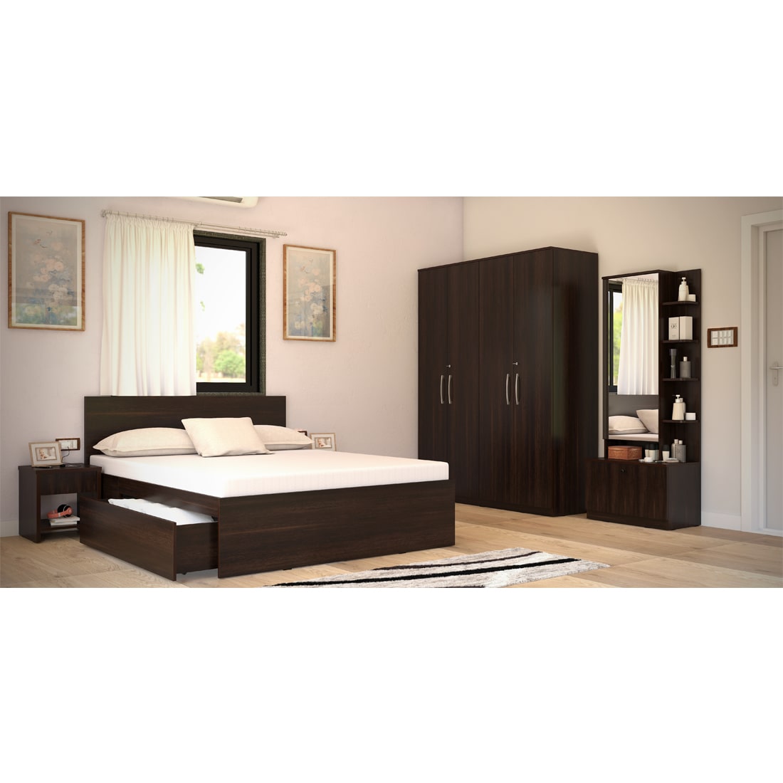 Modena 08: Set of 5 Bedroom Furniture - 4 door Wardrobe, Queen Bed  Left, Dresser and Side Tables