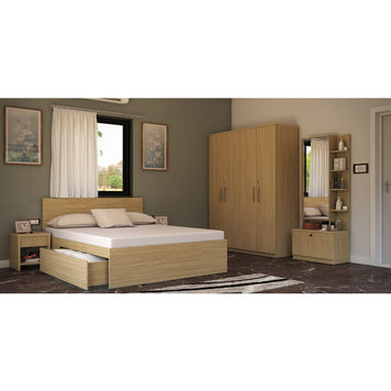 Modena 08: Set of 5 Bedroom Furniture - 4 door Wardrobe, Queen Bed  Left, Dresser and Side Tables