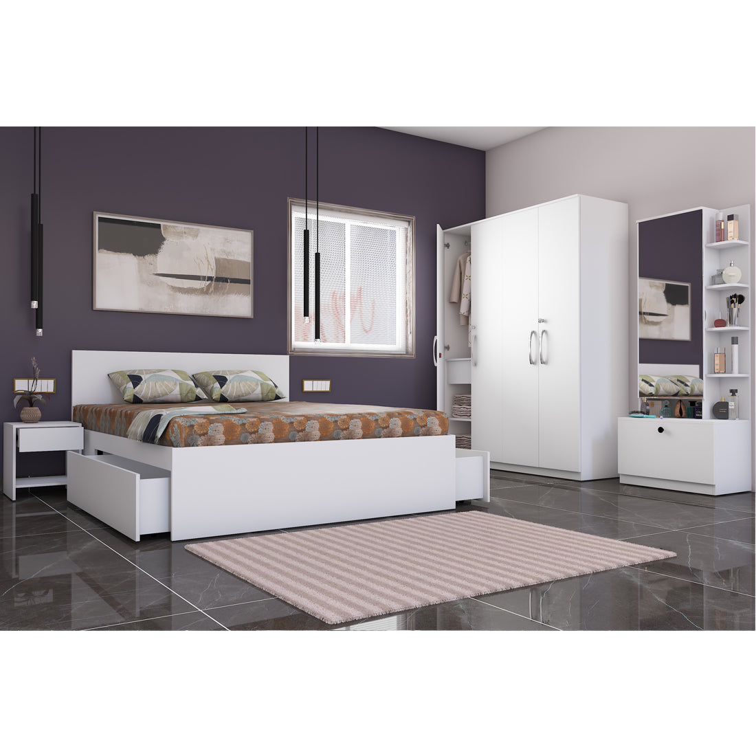 Optima 05: Set of 5 Bedroom Furniture - 4 door Wardrobe, Queen Bed, Dresser and Side Tables