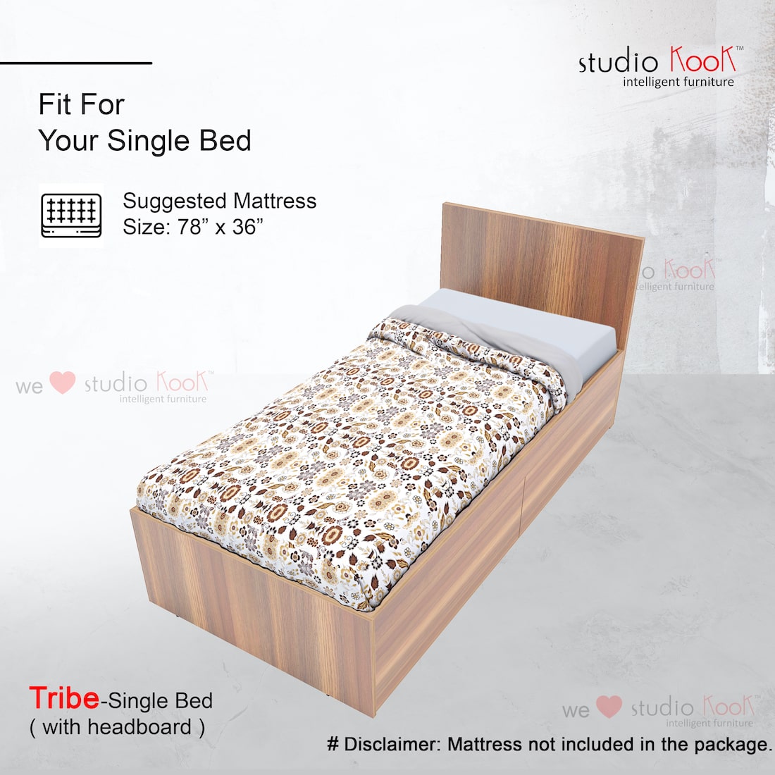 Tribe Right Single Bed with Headboard and 2 Drawers on Right